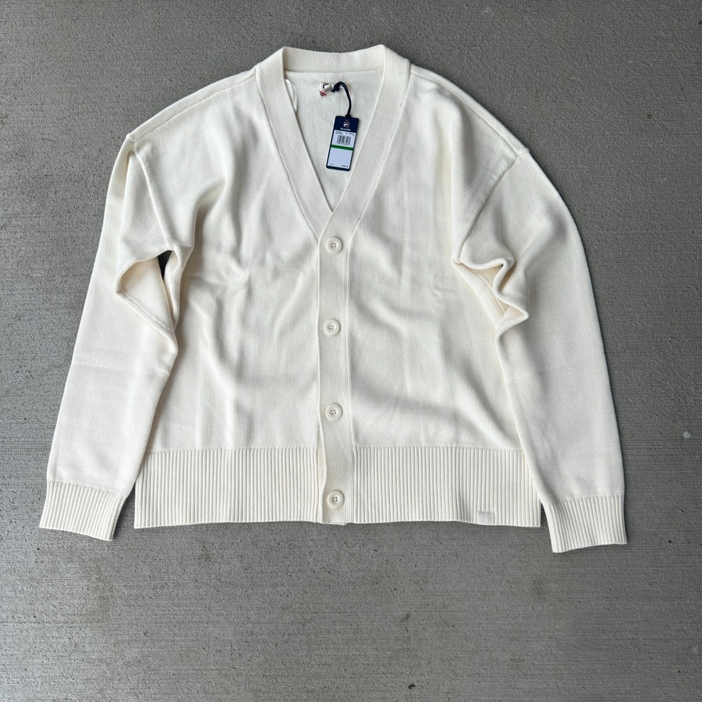 NWT Fila Mens Baseline Cardigan Sweater Ivory‎ Long Sleeve Tight Knit Size Large